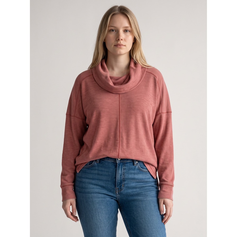 Lucky Brand Womens 1X Cowl Neck Waffle Knit Pullover Terracotta Rose Top